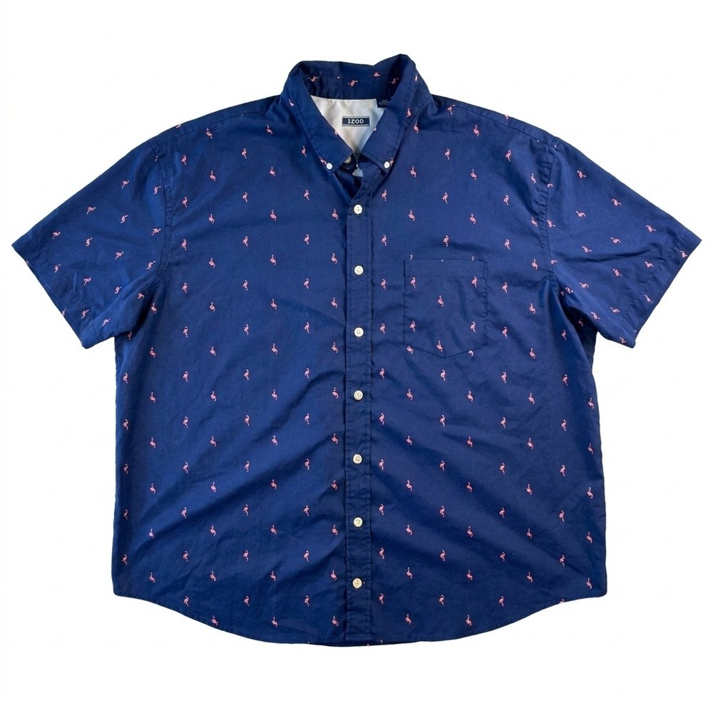 IZOD Mens 4XL Navy Blue Pink Flamingo Print Short Sleeve Button Down Shirt